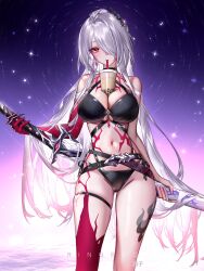 Rule 34 | 1girl, absurdres, acheron (honkai: star rail), bare shoulders, belt, black belt, black choker, black panties, breasts, bright pupils, bubble tea, bubble tea challenge, choker, cleavage, commentary, cowboy shot, drinking, drinking straw, grey hair, hair over one eye, halterneck, highres, holding, holding sword, holding weapon, honkai: star rail, honkai (series), katana, large breasts, long hair, looking at viewer, midriff, navel, official alternate color, panties, red eyes, ringeko-chan, scabbard, sheath, sheathed, solo, standing, stomach, sword, tattoo, thigh strap, thighs, underwear, very long hair, weapon, white pupils