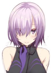 Rule 34 | 1girl, akino sora, bare shoulders, blush, breasts, closed mouth, eyes visible through hair, fate/grand order, fate (series), hair over one eye, hand up, large breasts, light blush, looking at viewer, mash kyrielight, purple eyes, purple hair, short hair, simple background, sketch, sleeveless, solo, upper body, white background