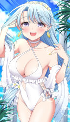 Rule 34 | 1girl, blush, breasts, cleavage, collarbone, cowboy shot, earrings, flower, grey hair, groin, hair flower, hair ornament, highres, jewelry, kantai collection, large breasts, long hair, official alternate costume, one-piece swimsuit, open mouth, purple eyes, sagiri (kancolle), smile, solo, swimsuit, white flower, white one-piece swimsuit, yomogi dango