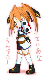 Rule 34 | 00s, 1girl, aiming, aiming at viewer, chibi, cross mirage, dual wielding, gun, holding, lyrical nanoha, mahou shoujo lyrical nanoha, mahou shoujo lyrical nanoha strikers, sch, solo, teana lanster, thighhighs, translated, weapon