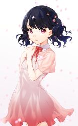 Rule 34 | 1girl, black hair, bow, bowtie, commentary request, dress, flower, fukumaru koito, hair flower, hair ornament, highres, idolmaster, idolmaster shiny colors, looking at viewer, nekokitsune0905, petals, pink dress, puffy short sleeves, puffy sleeves, purple eyes, see-through, see-through sleeves, short dress, short sleeves, solo, swept bangs, twintails, wind