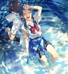 Rule 34 | 1boy, 1girl, ^ ^, back-to-back, blue hair, blue theme, book, bow, bowtie, closed eyes, clothes around waist, cloud, dappled sunlight, closed eyes, flip-flops, from above, hand on forehead, highres, hose, jacket, jacket around waist, laughing, long hair, md5 mismatch, minami seira, open book, open mouth, original, partially submerged, pool, reading, reflection, ripples, sandals, school uniform, shirt, sitting, sky, sleeves pushed up, summer, sunlight, tree shade, twintails, water, wet