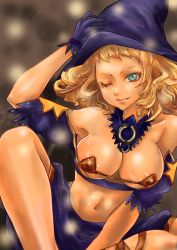 Rule 34 | 1girl, bare shoulders, blonde hair, blue eyes, breasts, brown hair, female focus, hat, kazabuki poni, large breasts, lord of vermilion, navel, one eye closed, solo, wink, witch hat