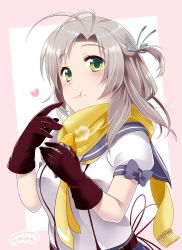 Rule 34 | 10s, 1girl, antenna hair, belt, black gloves, blue bow, blue skirt, border, bow, breasts, closed mouth, eating, eyebrows, eyelashes, food, food on face, fringe trim, gloves, green eyes, grey hair, hair ribbon, heart, highres, holding, holding food, kantai collection, kazuki kan, kinugasa (kancolle), looking up, medium breasts, necktie, one side up, outside border, parted bangs, pink border, puffy short sleeves, puffy sleeves, ribbon, scarf, school uniform, serafuku, short sleeves, signature, skirt, solo, steam, sweet potato, upper body, yellow necktie, yellow scarf