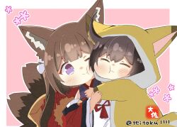 Rule 34 | 2girls, :3, ^ ^, amagi-chan (azur lane), animal costume, animal ears, azur lane, black hair, blunt bangs, brown hair, cheek-to-cheek, closed eyes, commentary request, crossover, detached sleeves, eyeshadow, fox costume, fox ears, fox girl, fox tail, hair between eyes, hair ornament, heads together, hug, japanese clothes, kaga (kancolle), kantai collection, kitsune, kyuubi, long hair, long sleeves, looking at another, makeup, multiple girls, multiple tails, purple eyes, rope, shimenawa, sidelocks, signature, simple background, smile, tail, taisa (kari), thick eyebrows, twintails, twitter username, two-tone background, wide sleeves