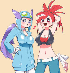 Rule 34 | 2girls, arms behind head, bare arms, bare shoulders, black shirt, blue suit, blue unitard, blush, breasts, collarbone, creatures (company), crop top, denim, edvv8447, flannery (pokemon), formal, game freak, goggles, goggles on head, hair wings, hand on own hip, heart, highres, jeans, large breasts, long hair, midriff, multiple girls, navel, nintendo, pants, pilot helmet, pilot suit, pokemon, pokemon oras, ponytail, purple eyes, purple hair, red eyes, red hair, red undershirt, shirt, split ponytail, suit, undershirt, winona (pokemon)