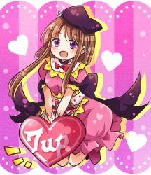 Rule 34 | 1girl, 1up, back bow, black bow, black hat, bow, bowtie, brown hair, dress, frilled dress, frills, full body, hat, heart, heart-shaped pupils, kneeling, looking at viewer, nishida satono, notice lines, open mouth, pink background, pink dress, pote (ptkan), power-up, purple eyes, red bow, red bowtie, short hair with long locks, short sleeves, solo, striped, striped background, symbol-shaped pupils, tate eboshi, touhou, vertical stripes