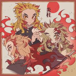 Rule 34 | 1boy, absurdres, black jacket, blonde hair, blood, blood on face, border, cape, closed mouth, colored tips, commentary request, cropped torso, demon slayer uniform, fire, forked eyebrows, highres, jacket, katana, kimetsu no yaiba, long hair, long sleeves, looking at viewer, male focus, meremero, multicolored hair, multiple views, profile, red border, red hair, rengoku kyoujurou, scar, scar on face, scar on forehead, smile, sparkle, sword, upper body, weapon, white cape, yellow eyes