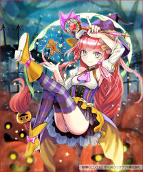 Rule 34 | 1girl, arm up, ascot, bare shoulders, blunt bangs, boots, bow, copyright name, corset, detached sleeves, full body, gingerbread man, glowing, glowing eyes, green eyes, hat, heart, holding, holding weapon, jack-o&#039;-lantern, kuroi nyan, long hair, multicolored eyes, official art, panties, ponytail, pumpkin, purple thighhighs, red hair, ribbon, senjou no electro girl, skirt, smile, solo, star (symbol), striped clothes, striped thighhighs, thighhighs, underwear, very long hair, wand, weapon, witch hat