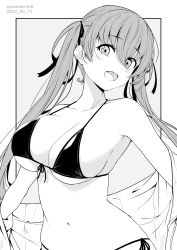 Rule 34 | 1girl, bikini, breasts, dated, grey background, greyscale, hair between eyes, hair ribbon, highres, kichihachi, large breasts, long hair, looking at viewer, monochrome, navel, original, ribbon, side-tie bikini bottom, simple background, solo, swimsuit, twintails, twitter username, two-tone background, white background