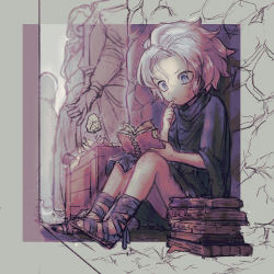 Rule 34 | 1boy, against wall, aged down, androgynous, annouu ronpa, belafu (human), blue eyes, book, book stack, bright pupils, child, closed mouth, commentary request, crate, crumpled paper, finger to mouth, gloves, grey hair, grey shirt, highres, knees up, made in abyss, on ground, open book, outdoors, people, rags, reading, sandals, shirt, short hair, sitting, solo focus, wall, white pupils, wide sleeves