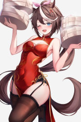 Rule 34 | 1girl, :d, animal ears, bare shoulders, blue eyes, blush, bow, breasts, brown hair, china dress, chinese clothes, cleavage, cleavage cutout, clothing cutout, covered navel, dress, garter straps, hair ornament, high ponytail, highres, horse ears, horse girl, horse tail, long hair, looking at viewer, medium breasts, multicolored hair, open mouth, pelvic curtain, ponytail, side slit, smile, solo, streaked hair, tail, thighhighs, tokai teio (umamusume), ttopang, two-tone hair, umamusume, white background, white hair