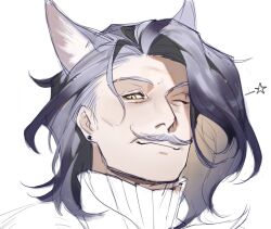 Rule 34 | 1boy, animal ears, arknights, cat ears, character request, cheekbones, ear piercing, looking at viewer, male focus, mature male, mobrinono, one eye closed, piercing, portrait, purple hair, smile, solo, thick mustache, tsurime, unfinished, wink star, wrinkled skin, yellow eyes