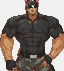 Rule 34 | 1boy, abs, bara, belt, biceps, communicator, dobermann, dog boy, facial hair, furry, furry male, glasses, gloves, hand on own hip, heart, large pectorals, male focus, manly, military, military uniform, muscular, muscular male, navel, nipples, notablindwolf, original, pectorals, shirt, solo, stubble, taut clothes, taut shirt, thick arms, topless male, uniform, veins, veiny arms