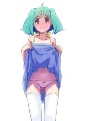 Rule 34 | 1girl, absurdres, bad id, bad pixiv id, bow, bow panties, brown eyes, clothes lift, dress, dress lift, green hair, hayyan, highres, lifting own clothes, macross, macross frontier, panties, ranka lee, short hair, simple background, sketch, solo, thighhighs, underwear