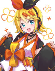Rule 34 | 1girl, black bow, black sleeves, blonde hair, blue eyes, bow, cherry blossom print, commentary, detached sleeves, floral print, hair bow, hair ornament, hairclip, headphones, headset, highres, japanese clothes, kagamine rin, kimono, looking at viewer, magical mirai (vocaloid), magical mirai rin, open mouth, orange bow, short hair, sleeves past wrists, smile, solo, supo01, swept bangs, two-tone bow, upper body, vocaloid, white kimono