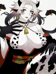 Rule 34 | 1girl, animal print, bell, claws, cow print, cowbell, doshaburi (kushira), ear piercing, earrings, fang, fingernails, gradient hair, hands on own chest, horns, jewelry, lamia, long hair, looking at viewer, monster girl, multicolored hair, original, piercing, pointy ears, red eyes, robe, scales, sharp fingernails, skin fang, snake hair, white background, white hair