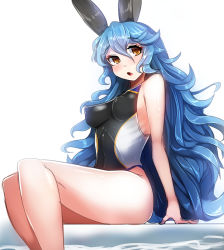 Rule 34 | 10s, 1girl, alternate costume, animal ears, blue hair, blush, breasts, brown eyes, competition swimsuit, covered erect nipples, erune, ferry (granblue fantasy), from side, granblue fantasy, long hair, looking at viewer, one-piece swimsuit, open mouth, sitting, solo, swimsuit, tenken (gotannda), very long hair