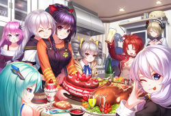 Rule 34 | 6+girls, :o, :p, ;p, alcohol, apron, back, bare shoulders, beer, black hair, blue eyes, blue hair, blue shirt, braid, bread, breasts, bronya zaychik, brown hair, brown jacket, cake, ceiling, ceiling light, cheese, cleavage, closed eyes, closed mouth, cup, dinner, drill hair, drinking glass, food, fork, fruit, fu hua, grey eyes, grey hair, hair between eyes, hair ornament, hair over one eye, highres, holding, holding cup, holding fork, holding plate, honkai (series), honkai impact 3rd, hug, ice cream, indoors, jacket, jurrig, kiana kaslana, kitchen, liliya olenyeva, long hair, long sleeves, looking at viewer, looking back, maid, maid headdress, multiple girls, night, night sky, nun, one eye closed, open mouth, orange shirt, pink hair, plate, ponytail, pot, purple eyes, purple hair, raiden mei, red hair, red jacket, rita rossweisse, rita rossweisse (umbral rose), rozaliya olenyeva, school uniform, shirt, short hair, short sleeves, sky, sleeveless, smile, stove, strawberry, table, theresa apocalypse, theresa apocalypse (valkyrie pledge), tongue, tongue out, turkey (food), twin braids, twin drills, utensil in mouth, v-shaped eyebrows, white hair, white shirt, window, wine, wine glass
