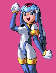 Rule 34 | 1girl, android, animated, animated gif, bingo tarte, bouncing breasts, breasts, capcom, fairy leviathan (mega man), lowres, mega man (series), mega man zero (series), oppai oppai, pink background, pixel art, simple background, solo, teeth, thighhighs, upper teeth only