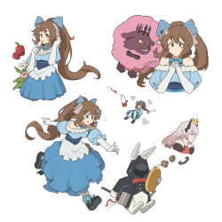 1other 2girls alice_in_wonderland animal_costume animal_ears arknights arrow_(symbol) bare_shoulders black_jacket blue_bow blue_bowtie blue_dress bottle bow bowtie brown_hair chasing chewing closed_mouth commentary creature crown curled_horns doctor_(arknights) dress eating elbow_gloves elysiium english_commentary eyjafjalla_(arknights) fake_animal_ears flower flying_sweatdrops food frilled_dress frills fruit gloves grey_hair grey_horns hammer hand_in_own_hair highres holding holding_food holding_hammer hood hood_up hooded_jacket horns interlocked_fingers jacket long_hair looking_at_viewer mudrock_(arknights) multiple_girls open_clothes open_jacket open_mouth orange_eyes outstretched_arm own_hands_clasped own_hands_together parody puff_of_air rabbit_costume rabbit_ears red_bow red_bowtie running simple_background strawberry sweatdrop white_background white_flower white_gloves