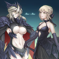 Rule 34 | 2girls, armor, artoria pendragon (fate), artoria pendragon (lancer) (fate), artoria pendragon (lancer alter) (fate), bare shoulders, blonde hair, breasts, chromatic aberration, cleavage, dress, dual persona, fate/grand order, fate (series), klon, large breasts, multiple girls, navel, nipples, revealing clothes, saber (fate), saber alter, small breasts, underboob, yellow eyes