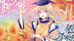 Rule 34 | 1girl, autumn leaves, black hat, blonde hair, cherry blossoms, flower, hat, leaf, long hair, looking at viewer, matara okina, open mouth, petals, rose, seasons, smile, snow, solo, sunflower, tabard, touhou, upper body, uranaishi (miraura), yellow eyes