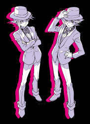 Rule 34 | 2boys, alternate costume, black background, bright pupils, buttons, closed mouth, commentary request, crossed arms, fushitasu, hand on headwear, hand on own hip, hat, jacket, long sleeves, looking at viewer, male focus, multiple boys, muto yugi, pants, shoes, smile, standing, yami yugi, yu-gi-oh!, yu-gi-oh! duel monsters