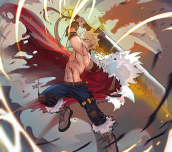 Rule 34 | 1boy, attack, bakugou katsuki, bare pectorals, blonde hair, boku no hero academia, boots, cape, commentary, denim, dragon, jeans, jewelry, jumping, male focus, melting, milmil (wa ten&#039;nendesu), muscular, muscular male, navel, necklace, pants, pectorals, red cape, sword, torn clothes, weapon