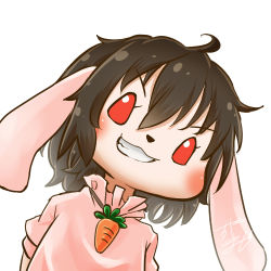 Rule 34 | 1girl, animal ears, animal nose, profile picture, black hair, carrot, carrot necklace, chamaji, commentary, dress, floppy ears, hair between eyes, inaba tewi, jewelry, looking at viewer, lowres, necklace, pendant, pink dress, rabbit ears, red eyes, short hair, signature, simple background, smile, solo, touhou, white background