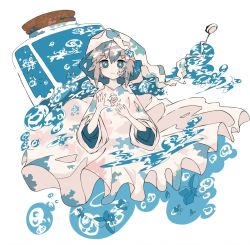 Rule 34 | 1girl, aqua eyes, bandaid, bandaid on face, bright pupils, dress, floating clothes, floating hat, hands up, hat, highres, jar, limited palette, long sleeves, looking at viewer, nightcap, no nose, original, solo, suya50180, upper body, white dress, white pupils