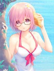 Rule 34 | 1girl, arms up, bad id, bad pixiv id, bare arms, bare shoulders, black-framed eyewear, breasts, cleavage, collarbone, commentary request, conch, covered erect nipples, day, dress, eyes visible through hair, fate/grand order, fate (series), fingernails, glasses, hair over one eye, holding, large breasts, looking at viewer, mash kyrielight, mash kyrielight (swimsuit of perpetual summer), official alternate costume, outdoors, parted lips, pf, purple eyes, purple hair, solo, water, wet, white dress