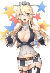 Rule 34 | 10s, 1girl, :d, absurdres, asymmetrical legwear, bad id, bad pixiv id, bare shoulders, blonde hair, blush, breasts, cleavage, detached sleeves, enosan, female focus, garter straps, grey eyes, headgear, highres, iowa (kancolle), kantai collection, large breasts, light brown hair, long hair, looking at viewer, midriff, miniskirt, mismatched legwear, navel, open mouth, skirt, smile, solo, star-shaped pupils, star (symbol), starry background, symbol-shaped pupils