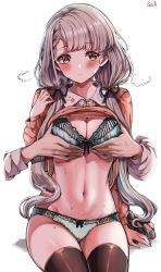 Rule 34 | 1girl, 1other, absurdres, arm at side, black ribbon, blunt bangs, blush, bra, braid, breasts, brown eyes, brown sweater, brown thighhighs, cleavage, closed mouth, clothes lift, collared shirt, commentary, green bra, green panties, grey hair, groin, groping, hair ribbon, hand up, heavy breathing, highres, hisakawa nagi, idolmaster, idolmaster cinderella girls, idolmaster cinderella girls starlight stage, long hair, long sleeves, looking at viewer, looking to the side, low twintails, medium breasts, navel, panties, ribbon, ribbon-trimmed bra, ribbon-trimmed panties, sak (lemondisk), shirt, shirt lift, simple background, sitting, socks, stomach, sweat, sweater, sweater lift, thighhighs, thighs, twintails, underwear, white background