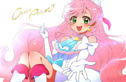 Rule 34 | 1girl, ascot, blue bow, boots, bow, character name, commentary, cure prism, earrings, elbow gloves, glove bow, gloves, green eyes, highres, hirogaru sky! precure, jewelry, kagami chihiro, long hair, magical girl, nijigaoka mashiro, open mouth, pink hair, precure, smile, solo, very long hair, white bow