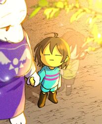 Rule 34 | 1girl, 2others, = =, barefoot, bloom, blue sweater, blush stickers, boots, brown footwear, brown shorts, chara (undertale), child, colored skin, dress, faceless, frisk (undertale), furry, furry female, ghost, goat girl, green sweater, heart, heart-shaped lock, heart necklace, hiding, hiding behind another, highres, holding hands, jewelry, light particles, locket, looking at another, moruineko, multiple others, necklace, pendant, purple dress, purple robe, robe, see-through, shorts, striped clothes, striped sweater, sunset, sweater, toriel, undertale, white fur, yellow skin
