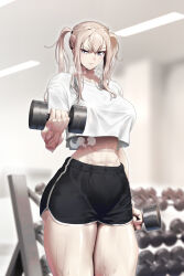 702_96 abs absurdres commission dumbbell graf_zeppelin_(kancolle) green_eyes highres kantai_collection muscular muscular_female pixiv_commission sportswear thick_thighs thighs twintails wet