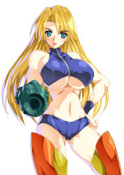 Rule 34 | 1girl, aiming, aiming at viewer, arm cannon, armor, bare shoulders, bike shorts, blonde hair, blue eyes, blush, boots, breasts, cowboy shot, crop top, greaves, grin, groin, halterneck, hand on own hip, hip focus, huge breasts, large breasts, long hair, looking at viewer, metroid, metroid fusion, midriff, navel, nintendo, samus aran, short shorts, shorts, simple background, skin tight, smash daisaku, smile, solo, sports bra, super smash bros., thick thighs, thigh boots, thighhighs, thighs, turtleneck, underboob, varia suit, weapon, white background, wristband, zipper