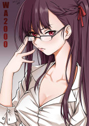 Rule 34 | absurdres, adjusting eyewear, annoyed, bespectacled, black-framed eyewear, braid, breasts, bullpup, character name, cleavage, collarbone, covered erect nipples, dated, dress shirt, eyelashes, fingernails, french braid, girls&#039; frontline, glasses, gun, hair ribbon, highres, large breasts, lips, long hair, looking at viewer, red eyes, red ribbon, ribbon, rifle, shirt, side ponytail, signature, sniper rifle, solo, upper body, wa2000 (girls&#039; frontline), walther, walther wa 2000, weapon, white shirt, zui ai shuang mawei