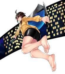 Rule 34 | 1girl, ahoge, ass, barefoot, bike shorts, brown hair, building, cameltoe, commentary request, dual wielding, eiji (eiji), feet, holding, knife, linne, long sleeves, looking back, perspective, reverse grip, short hair, solo, sweater, sword, toes, under night in-birth, undershirt, weapon, zipper