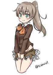 Rule 34 | 10s, 1girl, aqua eyes, ascot, bad id, bad twitter id, blush, brown hair, closed mouth, collared shirt, cowboy shot, cropped legs, ebifurya, eyebrows, groin, highres, inactive account, kantai collection, kumano (kancolle), long hair, long sleeves, no panties, pleated skirt, ponytail, school uniform, shirt, simple background, skirt, skirt tug, solo, twitter username, white background, white shirt