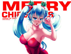 Rule 34 | 1girl, bad id, bad pixiv id, blue eyes, blue hair, breasts, christmas, dress, female focus, heart, heart-shaped pupils, large breasts, league of legends, long hair, matching hair/eyes, mistletoe, nakatokung, red dress, self-upload, solo, sona (league of legends), strapless, strapless dress, symbol-shaped pupils, tongue, tongue out, twintails