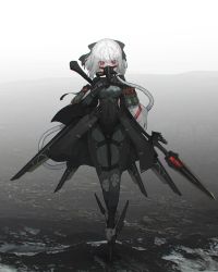 Rule 34 | 1girl, absurdres, bird mask, bodysuit, commentary, covered navel, gas mask, highres, holding, holding weapon, mask, oota youjo, original, pink eyes, polearm, science fiction, short hair, solo, weapon, white hair