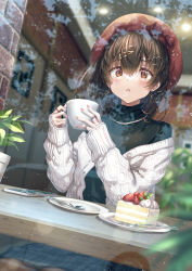 Rule 34 | 1girl, blue skirt, blue sweater, blush, brown eyes, brown hair, cable knit, cake, cake slice, cardigan, cellphone, commentary, cup, dutch angle, earrings, english commentary, food, fork, fruit, hair between eyes, hair ornament, hairclip, hat, hirokazu (analysis-depth), holding, holding cup, indoors, jewelry, looking at viewer, multiple rings, nail polish, necklace, off shoulder, open cardigan, open clothes, original, parted lips, phone, plaid, plaid skirt, plant, plate, potted plant, red hat, red nails, ring, skirt, smartphone, solo, spoon, strawberry, sweater, thighhighs, turtleneck, turtleneck sweater, white cardigan