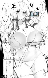Rule 34 | against glass, ahoge, anchorage (azur lane), anchorage (azur lane) (cosplay), anchorage (dolphins and swim lessons) (azur lane), anger vein, arashiki mamizu, arrow (symbol), azur lane, bikini, blunt bangs, blush, breast press, breasts, breasts on glass, cellphone, cosplay, game screenshot inset, greyscale, hair ribbon, hand on glass, highres, holding, holding phone, huge breasts, illustrious (azur lane), long hair, looking at viewer, mole, mole under eye, monochrome, navel, official alternate costume, phone, pout, ribbon, see-through, see-through sleeves, side-tie bikini bottom, smartphone, swimsuit, thighhighs, translation request