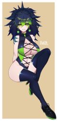 Rule 34 | 1girl, absurdres, antenna hair, arms behind back, bare shoulders, black footwear, black hair, blue hair, blue thighhighs, border, brown background, bugita, collarbone, commission, covered collarbone, dark blue hair, earrings, eyes visible through hair, gradient hair, green eyes, green hair, hair between eyes, high heels, highres, invisible chair, jewelry, long hair, looking at viewer, mole, mole under eye, multicolored hair, navel, original, parted lips, shoulder tattoo, signature, simple background, sitting, skindentation, smile, solo, spikes, sun tattoo, tan, tattoo, thighhighs, white border