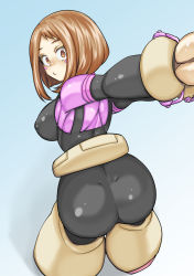 Rule 34 | 1girl, arms behind back, ass, belt, blush, bodysuit, boku no hero academia, breasts, brown eyes, brown hair, covered erect nipples, highres, large breasts, leaning forward, looking at viewer, looking back, medium breasts, outstretched arms, short hair, shosho oekaki, shoulder blades, skin tight, solo, thick thighs, thighs, uraraka ochako