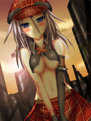 Rule 34 | 10s, 1girl, alisa ilinichina amiella, bad id, bad pixiv id, blue eyes, blush, breasts squeezed together, breasts, cleavage, god eater, god eater burst, hat, lens flare, navel, skirt, solo, suspender skirt, suspenders, suterii, underboob