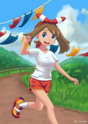 Rule 34 | 1girl, alternate costume, arm at side, artist request, blue eyes, bow, brown hair, child, clenched hand, collarbone, creatures (company), day, deviantart, eyelashes, female focus, flag, game freak, gen 3 pokemon, gen 6 pokemon, grass, hair bow, hair ornament, hair ribbon, hand up, happy, highres, legs, looking at viewer, may (pokemon), may (pokemon oras), medium hair, multicolored footwear, nature, neck, nintendo, open mouth, outdoors, pokemon, pokemon oras, red bow, red ribbon, red shorts, ribbon, running, running track, shirt, shoes, short ponytail, short shorts, short sleeves, shorts, side bangs, sky, sneakers, socks, t-shirt, thighs, two-tone bow, two-tone ribbon, two-tone shorts, white shirt