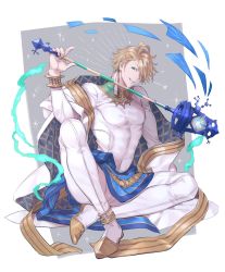 Rule 34 | 1boy, ahoge, aladdin (sinoalice), anklet, blonde hair, bodysuit, bodysuit under clothes, bracelet, earrings, gold trim, grin, highres, holding, holding staff, jewelry, looking at viewer, male focus, necklace, ogamiomi, one eye closed, shawl, short hair, simple background, sinoalice, sitting, smile, sparkle, staff, star (symbol), teeth